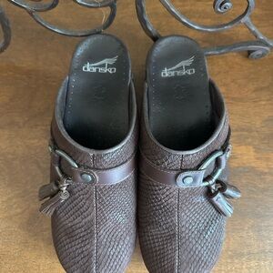 Dansko Brown Textured Slip-On Clogs with Tassel Detail